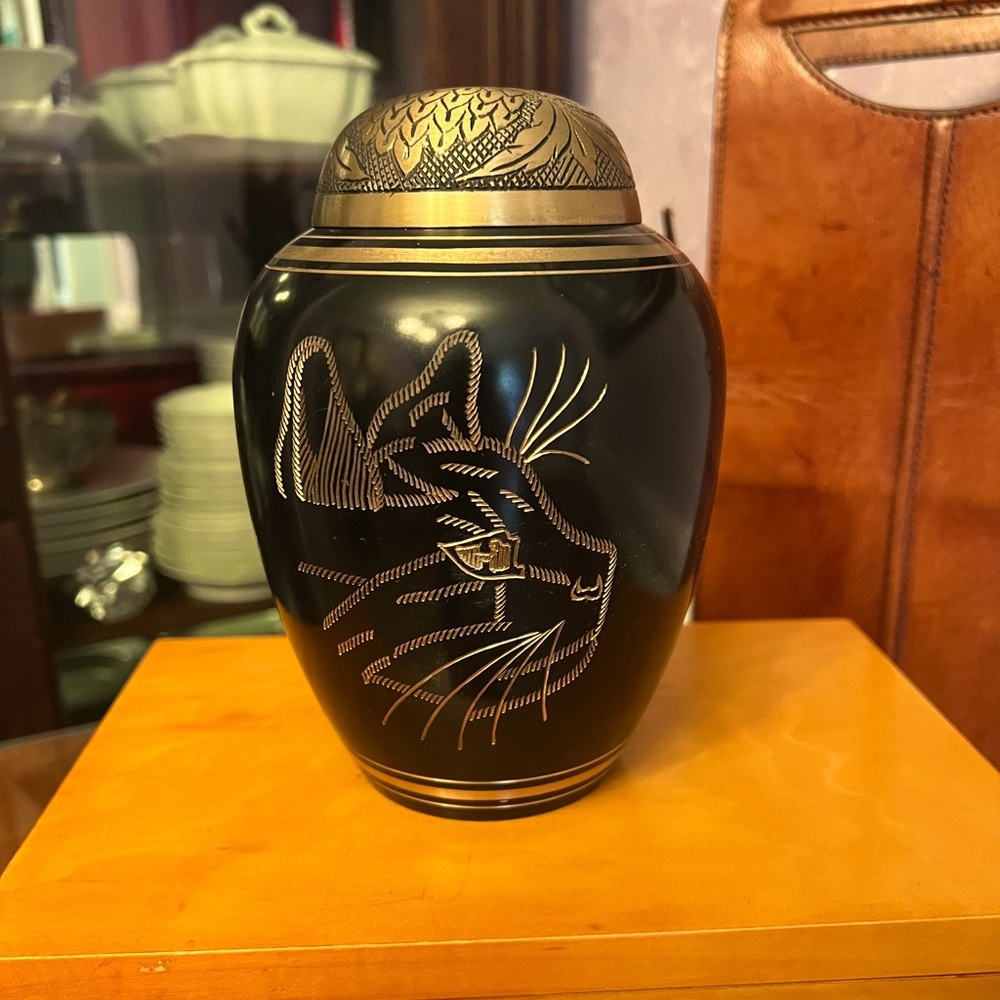 Solid brass, black, 45 cubic inches, carved cat urn.